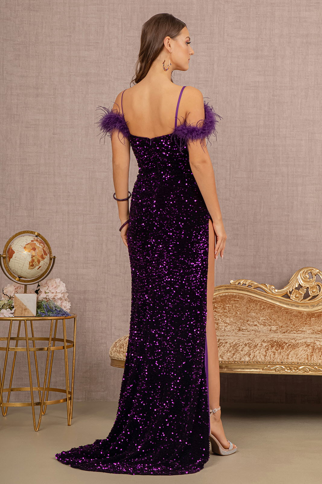 Sequin Cut-away Shoulder Velvet Mermaid w/ Wide Side Slit Long Prom Dress GLGL3149