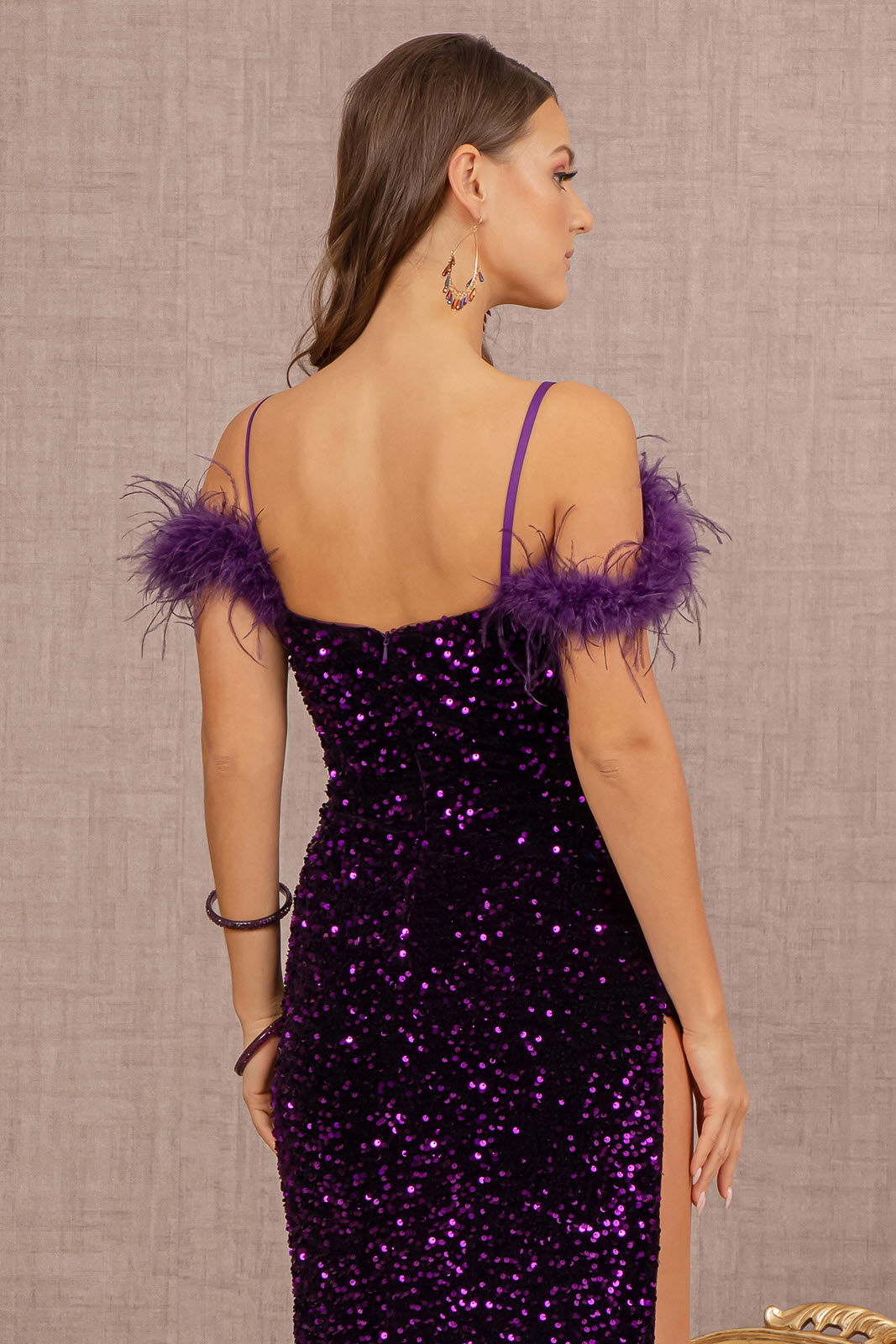 Sequin Cut-away Shoulder Velvet Mermaid w/ Wide Side Slit Long Prom Dress GLGL3149