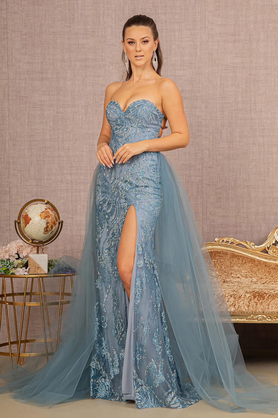 Sweetheart Jewel Glitter Mermaid w/ Detachable Mesh Layer Long Prom Dress GLGL3156