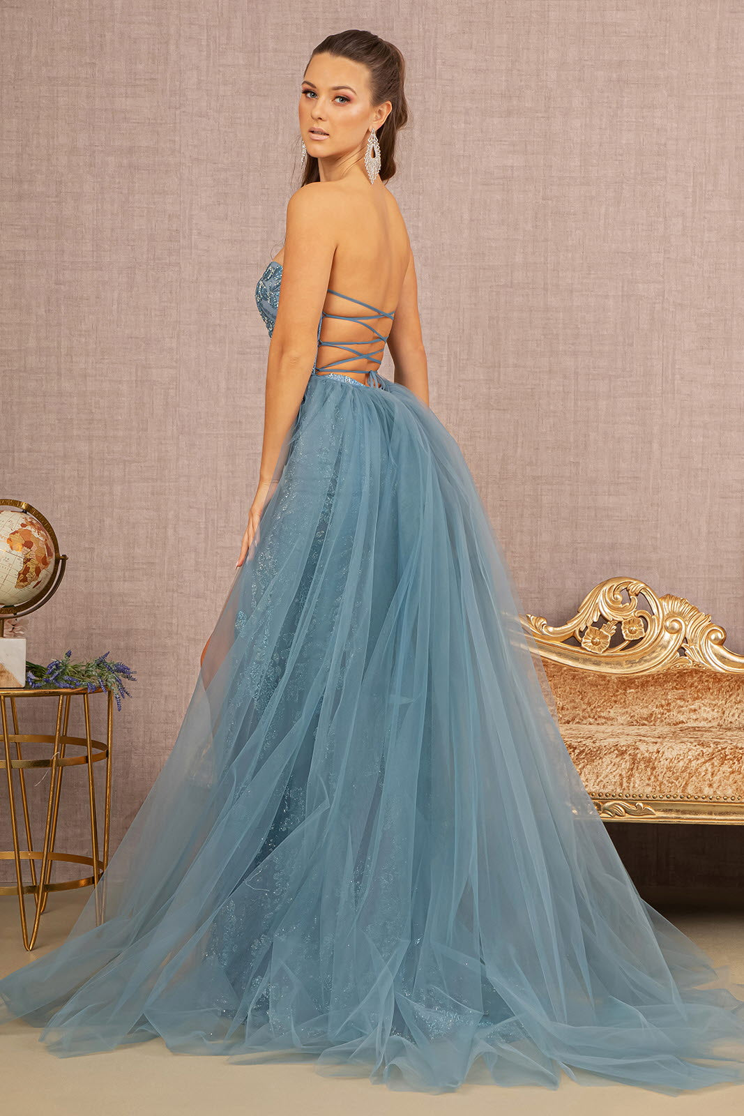 Sweetheart Jewel Glitter Mermaid w/ Detachable Mesh Layer Long Prom Dress GLGL3156