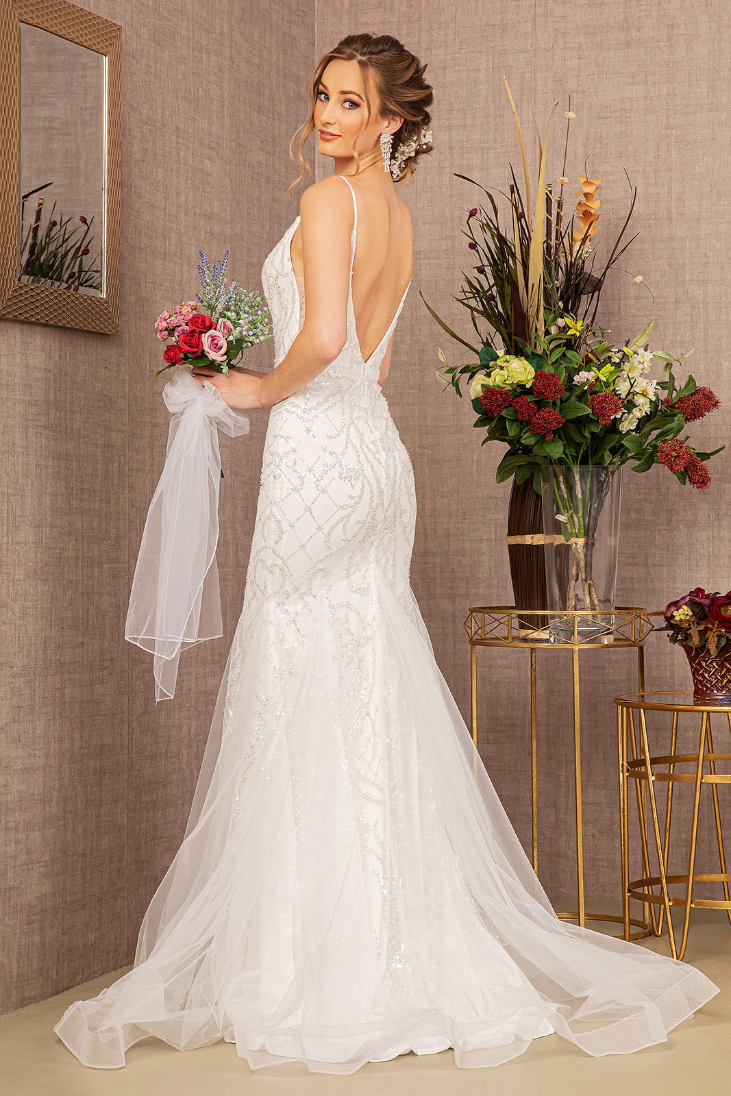 Jewel Bead w/ Detachable Waist Long Mesh Layer Long Wedding Dress GLGL3157