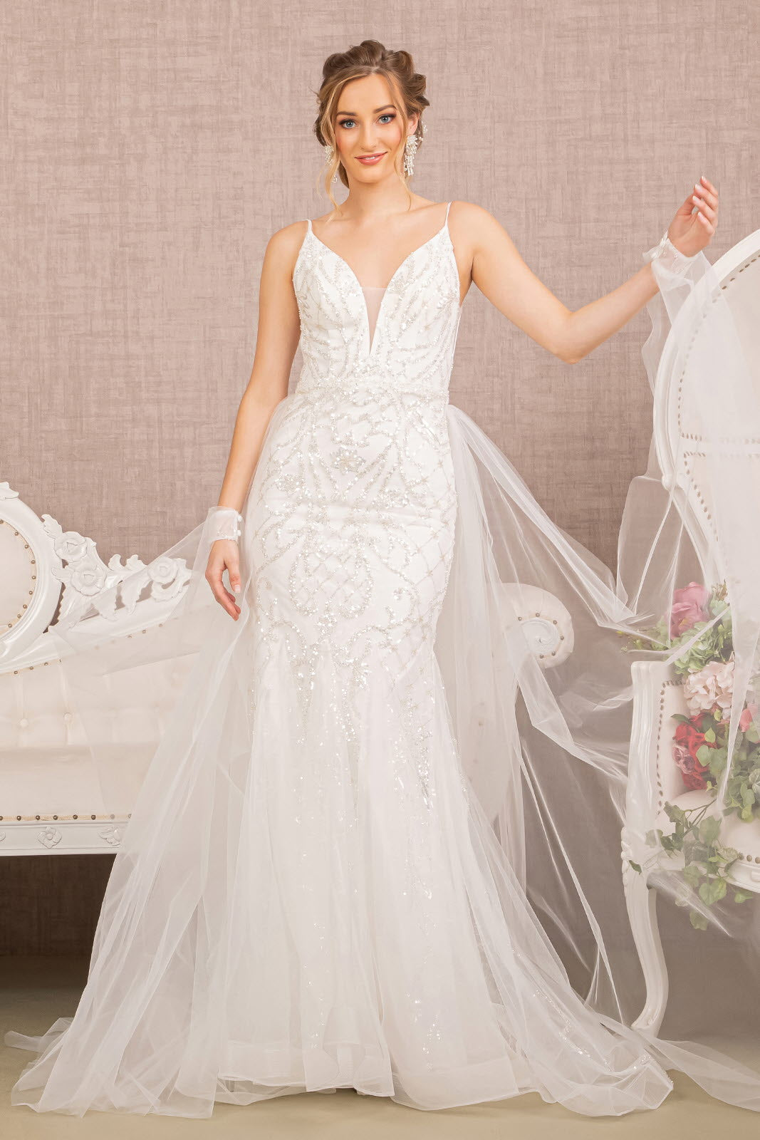 Jewel Bead w/ Detachable Waist Long Mesh Layer Long Wedding Dress GLGL3157