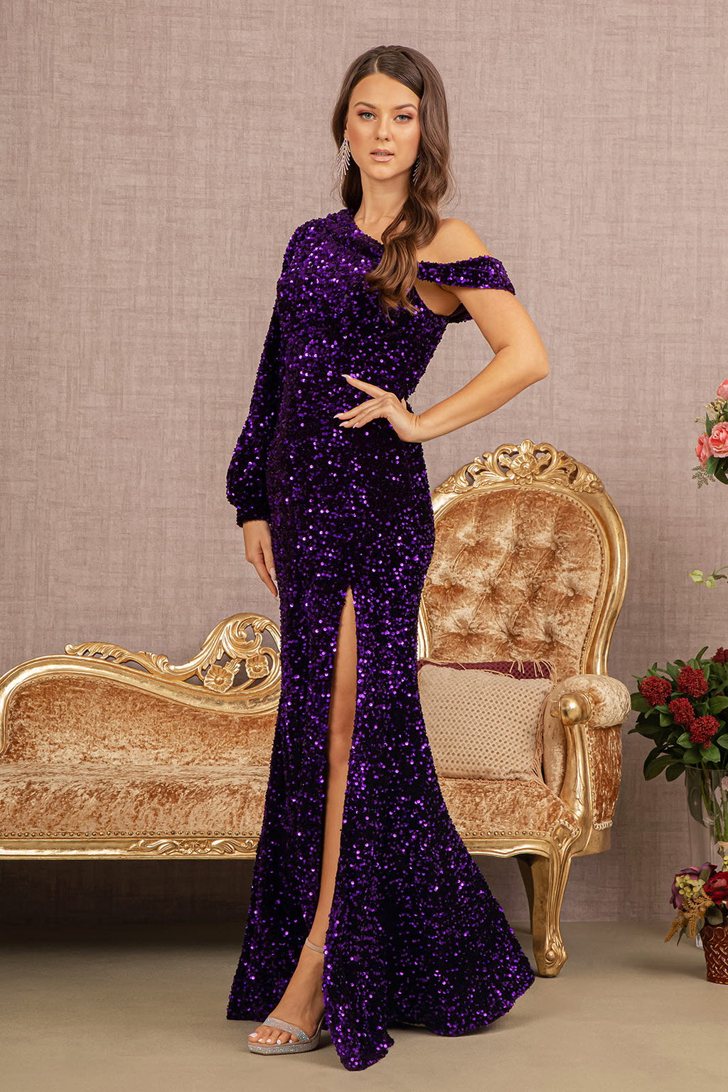 Sequin Asymmetric Velvet Mermaid w/ One Long Puff Sleeve Long Prom Dress GLGL3159