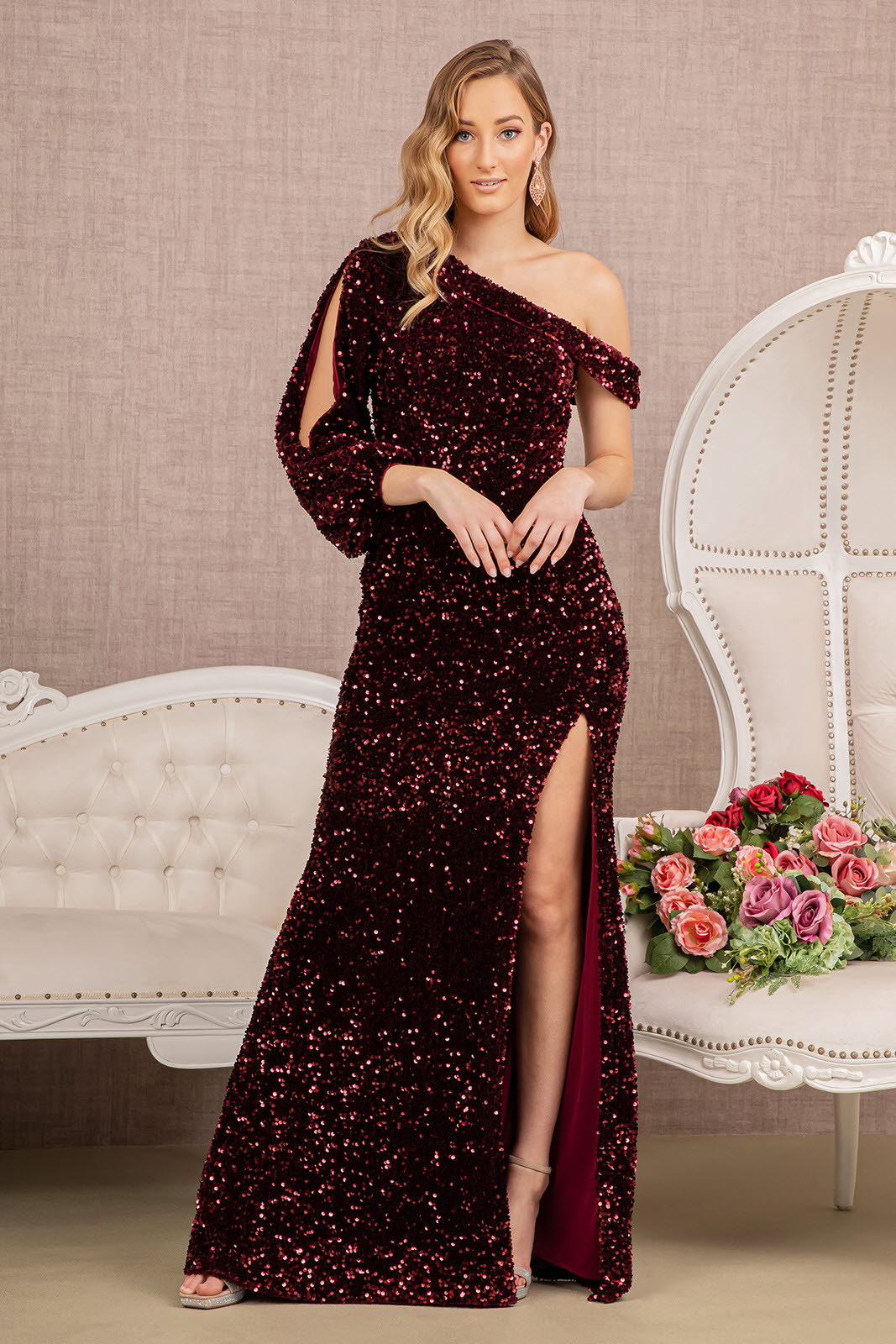 Sequin Asymmetric Velvet Mermaid w/ One Long Puff Sleeve Long Prom Dress GLGL3159