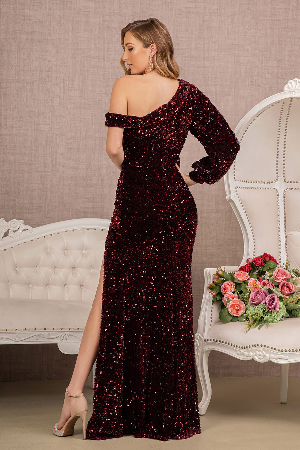 Sequin Asymmetric Velvet Mermaid w/ One Long Puff Sleeve Long Prom Dress GLGL3159