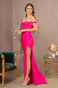 Glitter Sheer Bodice Off Shoulder Mermaid w/ Sheer Slit Long Prom Dress GLGL3162