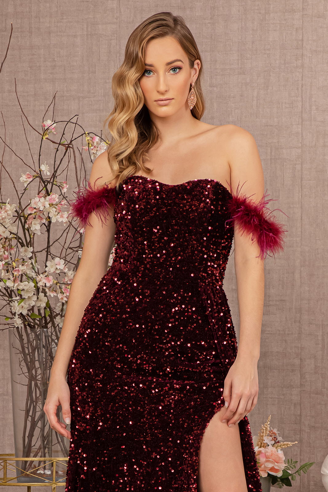 Feather Sequin Velvet Mermaid w/ Velvet Side Waist Layer Long Prom Dress GLGL3163