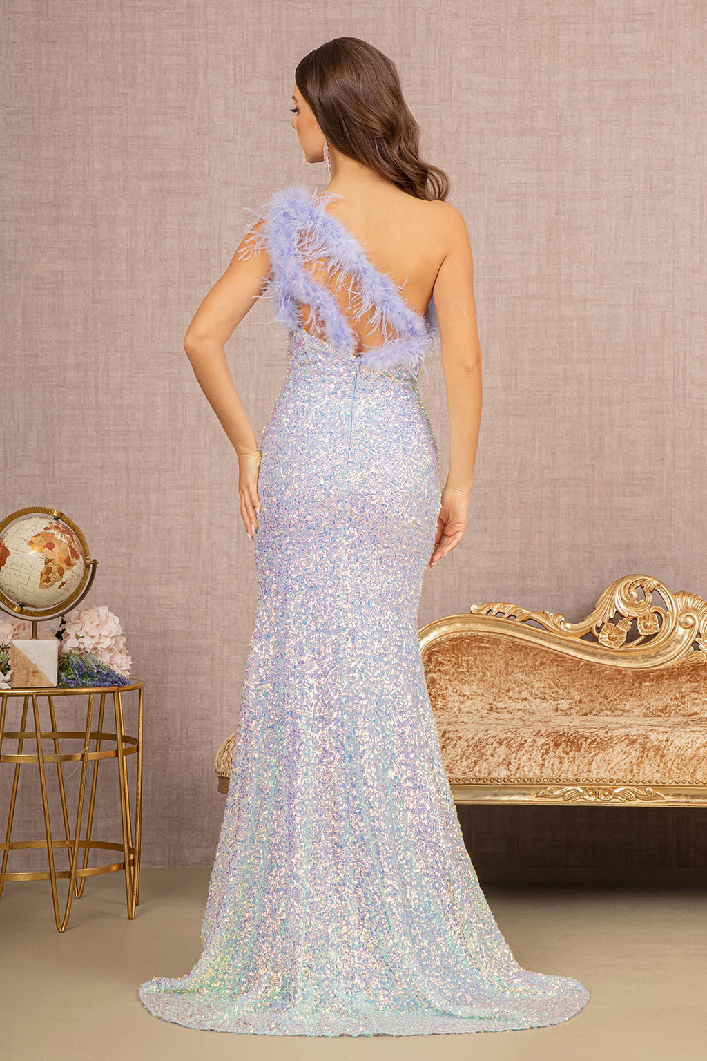 Sequin Asymmetric Cut-out Back Mermaid w/ Feather Strap Long Prom Dress GLGL3165