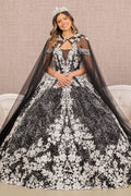 Floral Pattern Glitter w/ Long Mesh Cape Long Quinceanera Dress GLGL3168