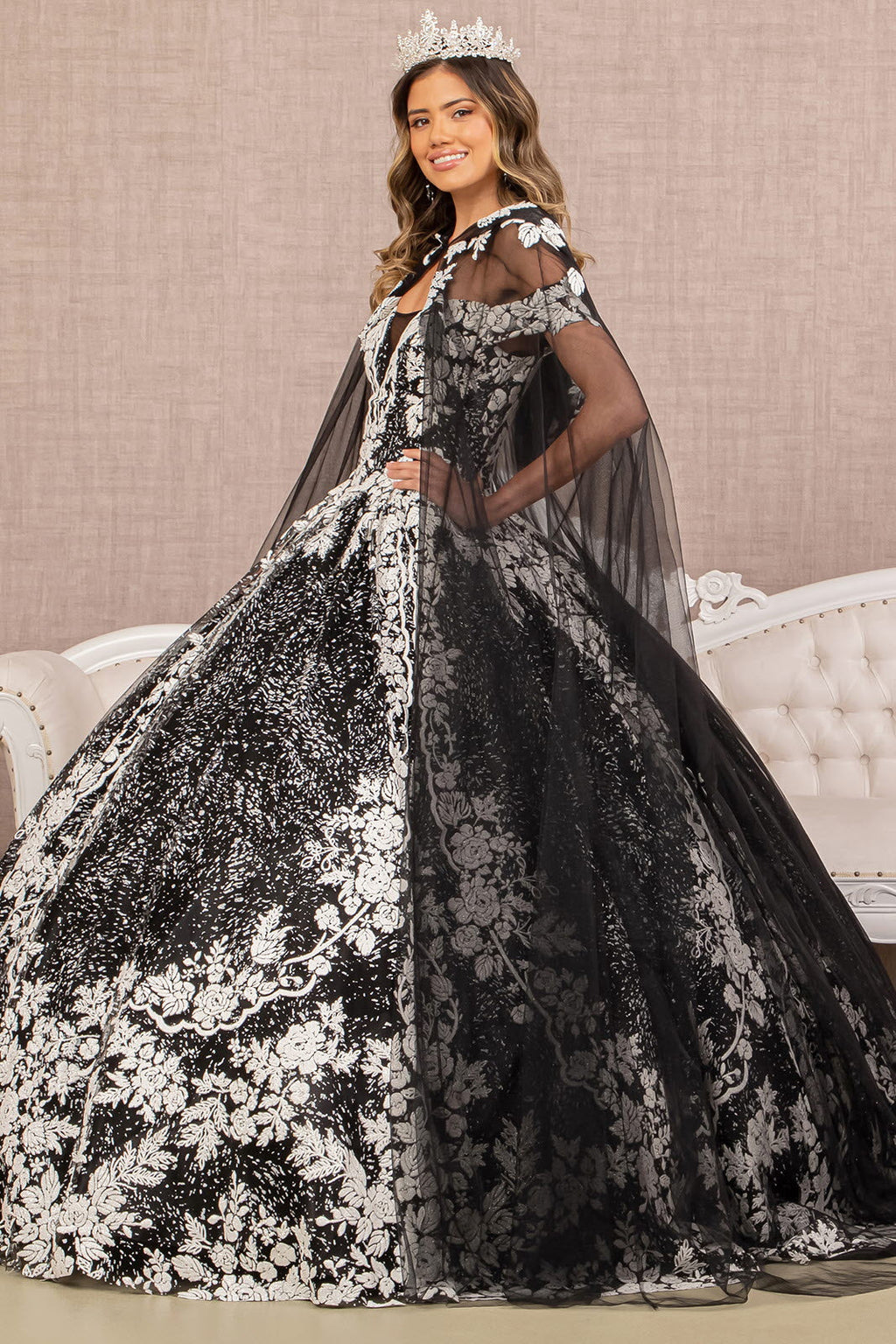 Floral Pattern Glitter w/ Long Mesh Cape Long Quinceanera Dress GLGL3168