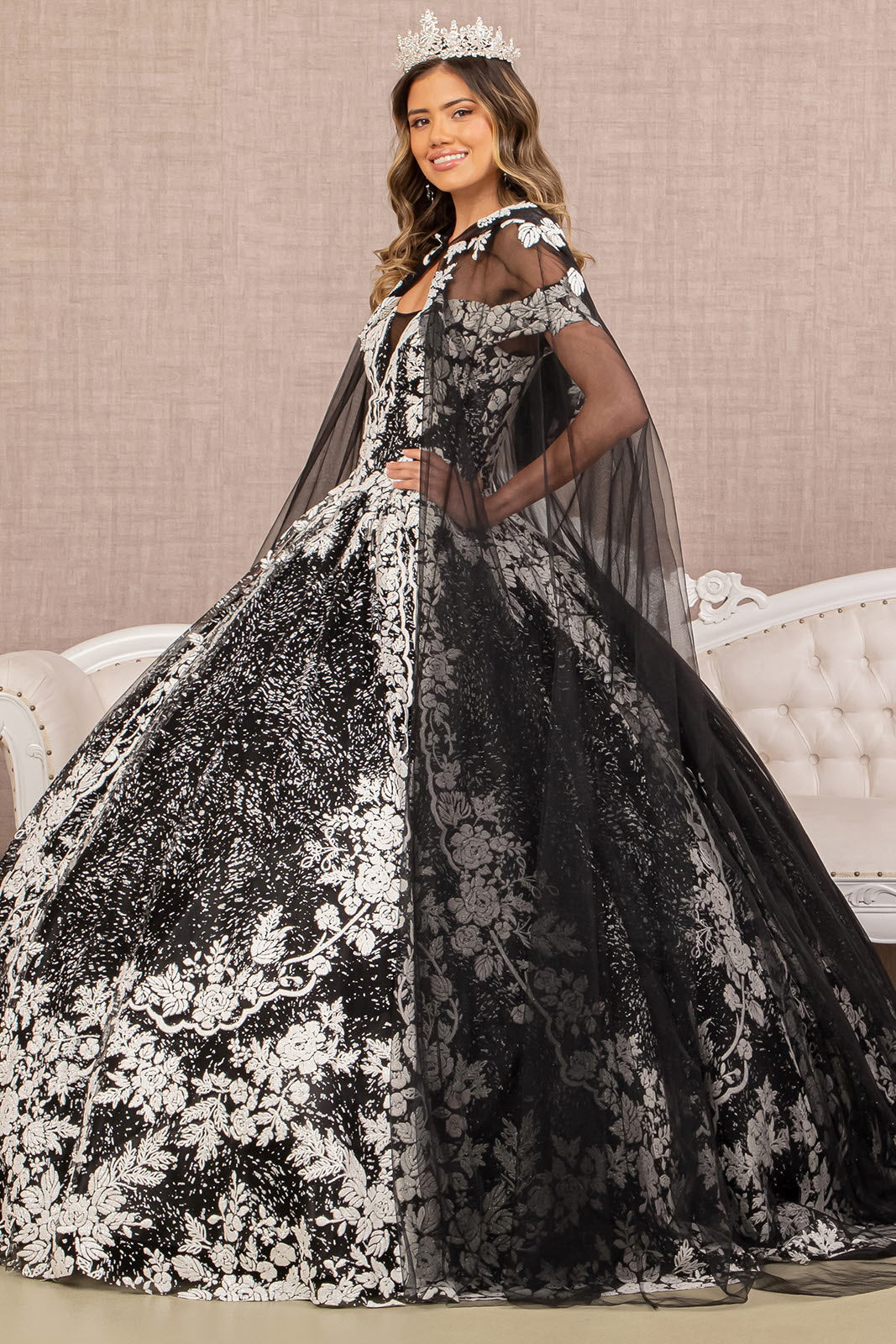 Floral Pattern Glitter w/ Long Mesh Cape Long Quinceanera Dress GLGL3168