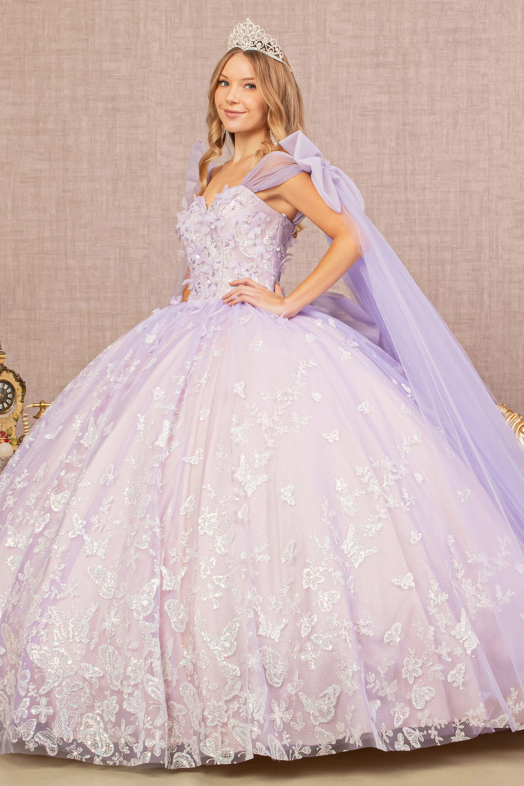Jewel Glitter w/ Long Mesh Layer and Ribbons Long Quinceanera Dress GLGL3175