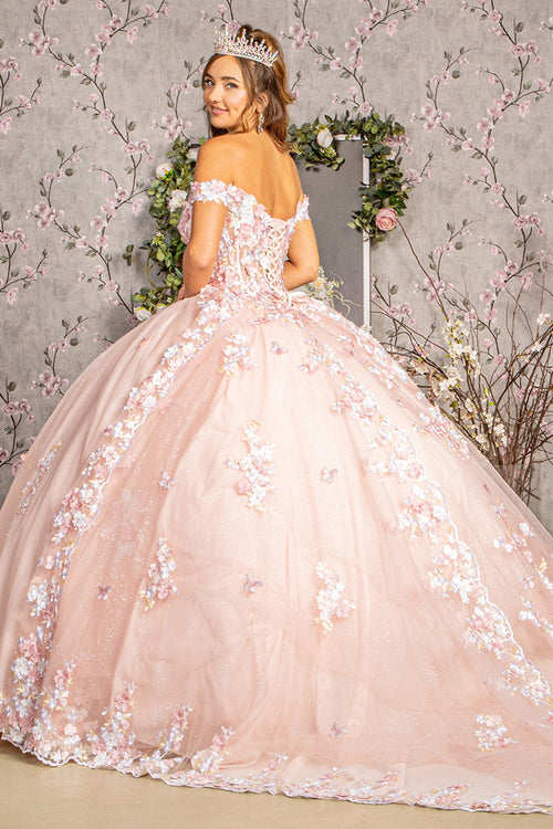 3D Flower Applique Jewel Mesh w/ Long Tail Long Quinceanera Dress GLGL3182