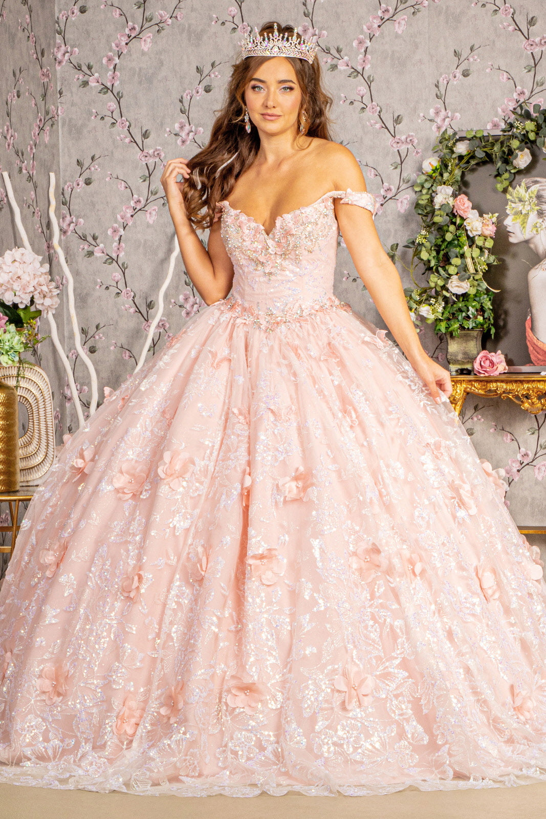 3D Butterfly Applique Jewel Sequin Quinceanera Ball Dress GLGL3183