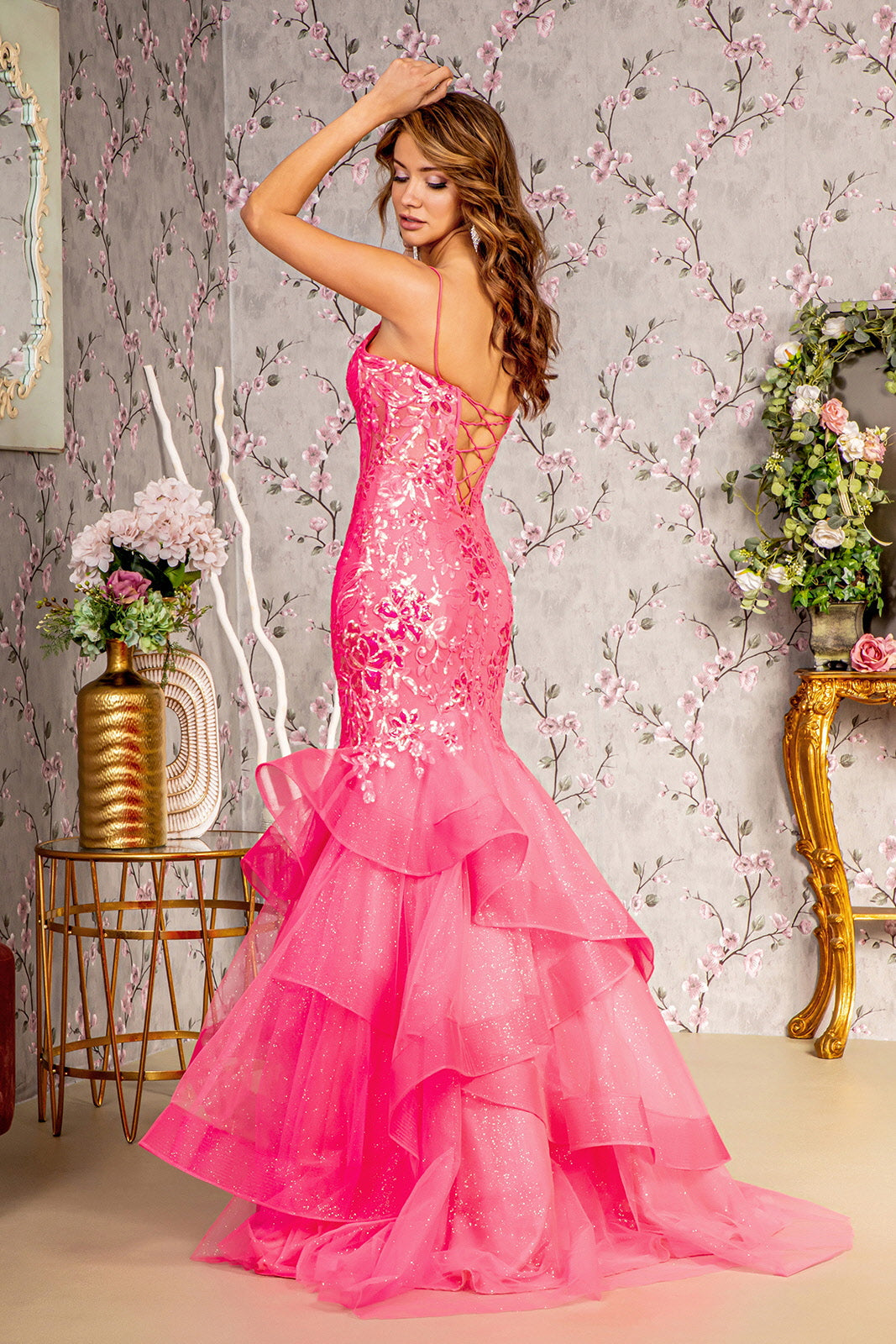 Glitter Sequin Sheer Bodice Mesh Trumpet Ruffled Hem Long Prom Dress GLGL3205