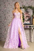 Bead Strapless Mesh A-line w/ Detachable Sleeves Long Prom Dress GLGL3206