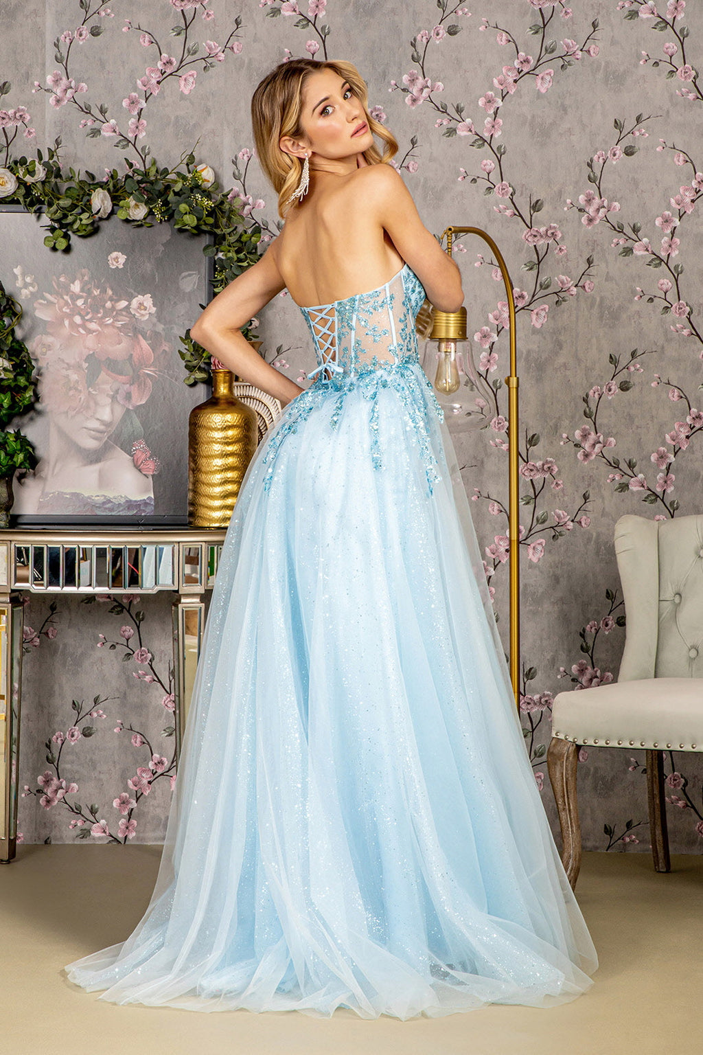 Sequin Strapless Sheer Bodice Mesh A-line Long Prom Dress GLGL3209