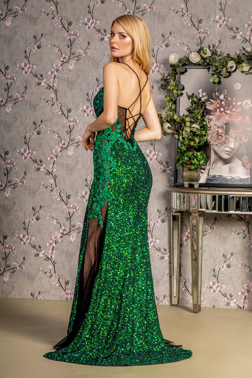 Floral Embroidery Sheer Bodice Mesh Mermaid Long Prom Dress GLGL3217