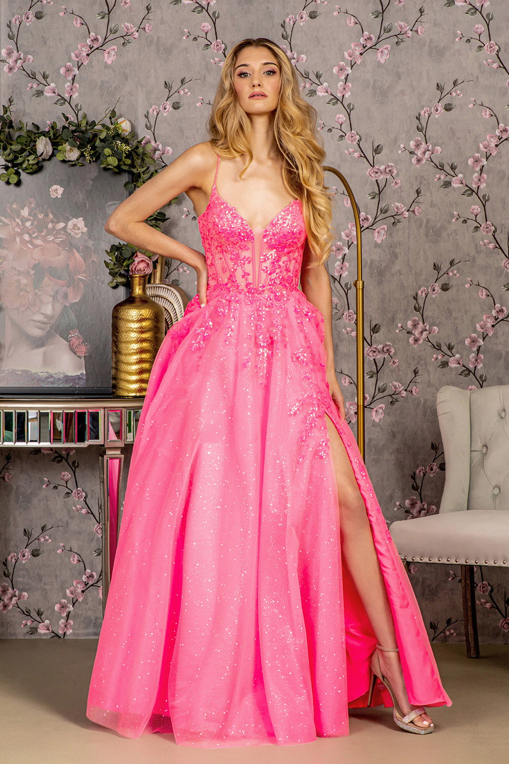 Glitter Illusion Sweetheart Sheer Bodice Mesh A-line Long Prom Dress GLGL3218
