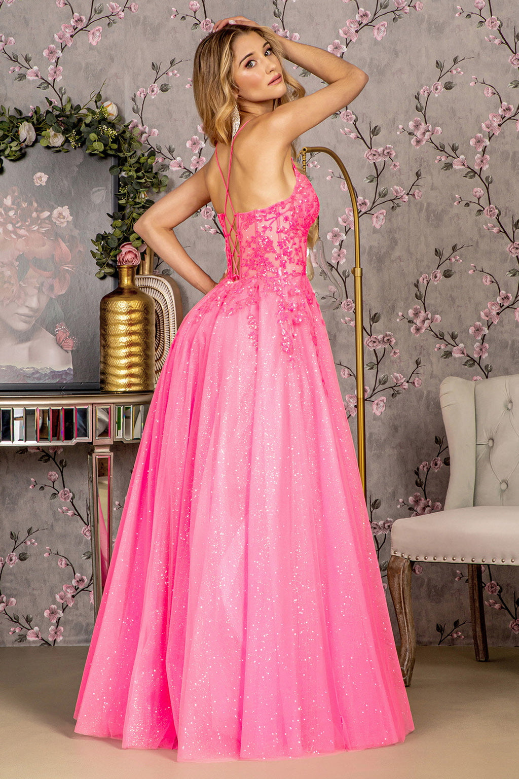 Glitter Illusion Sweetheart Sheer Bodice Mesh A-line Long Prom Dress GLGL3218
