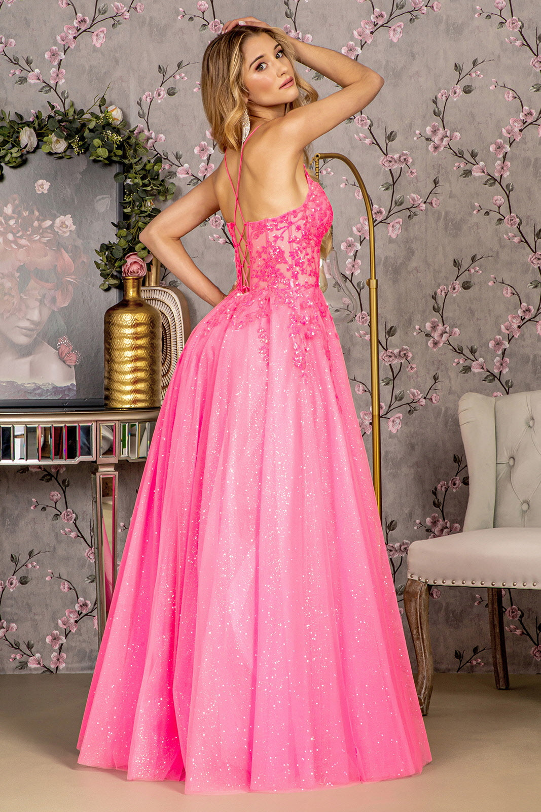 Glitter Illusion Sweetheart Sheer Bodice Mesh A-line Long Prom Dress GLGL3218