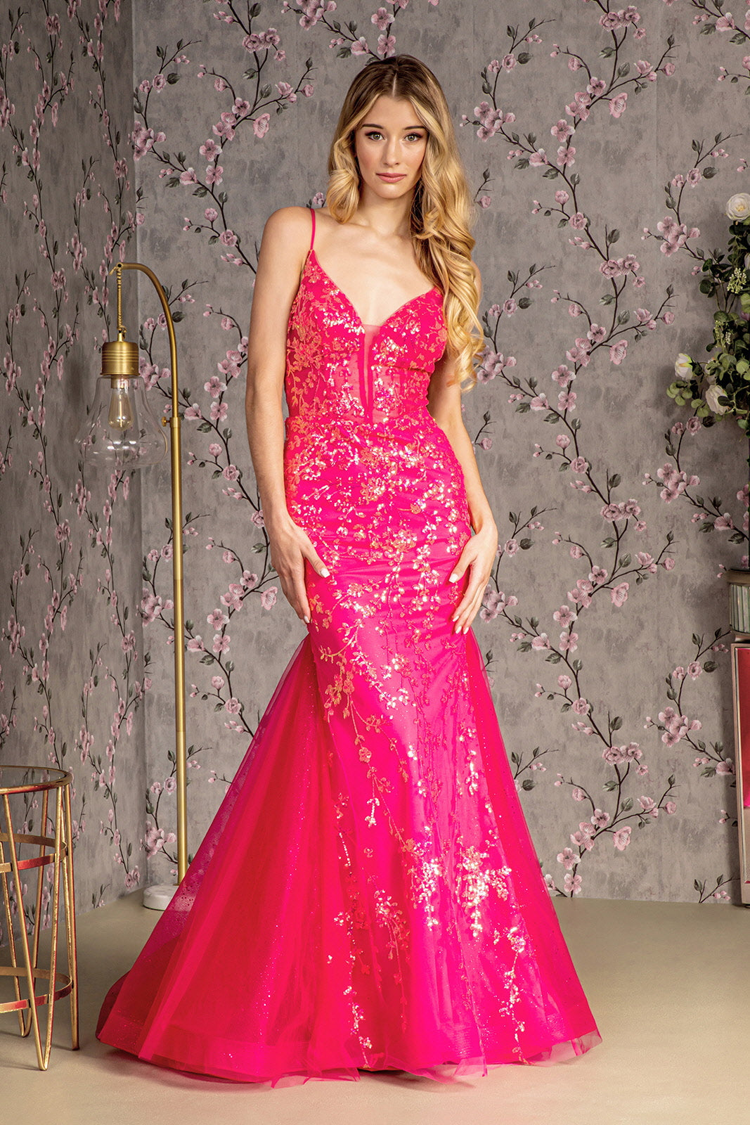 Glitter Sequin Sheer Bodice Mesh Trumpet Long Prom Dress GLGL3220