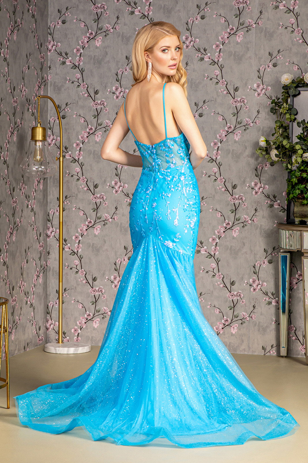 Glitter Sequin Sheer Bodice Mesh Trumpet Long Prom Dress GLGL3220