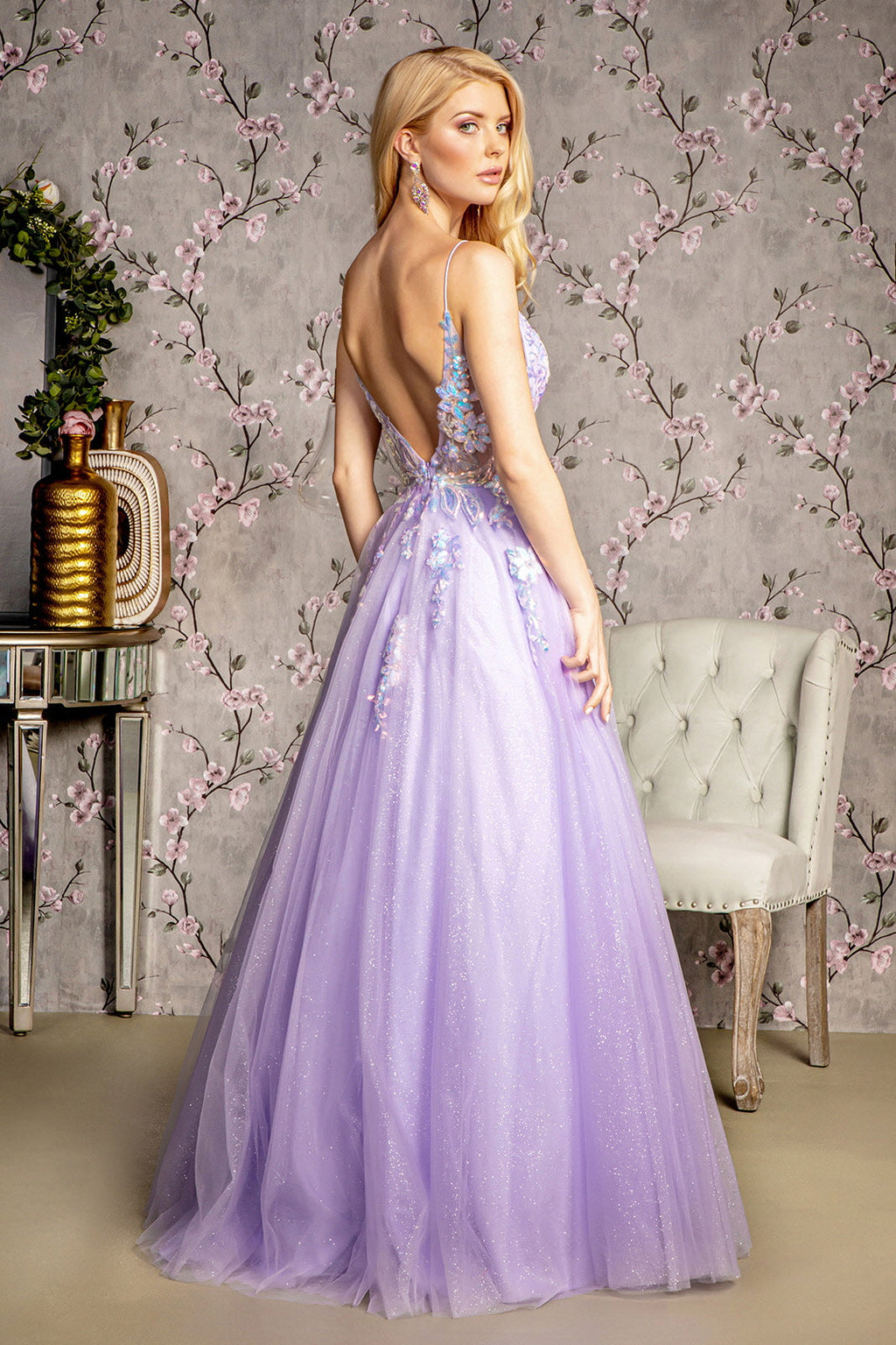 Sequin Glitter Sheer Bodice V-back Mesh A-line Long Prom Dress GLGL3226