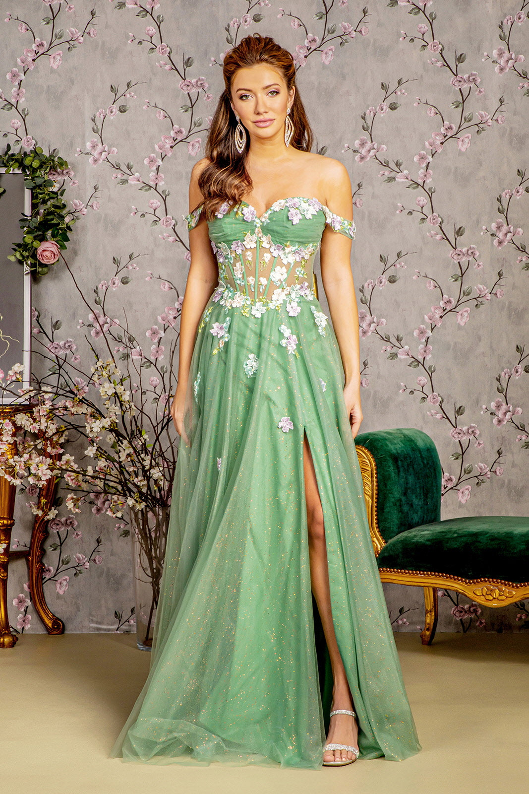 Glitter Jewel Sheer Bodice Off Shoulder Mesh A-line Long Prom Dress GLGL3227