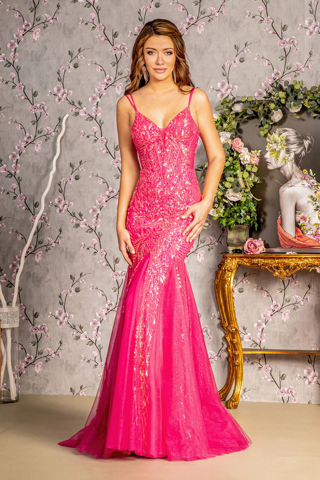 Sequin Illusion Sweetheart Sheer Bodice Mesh Mermaid Long Prom Dress GLGL3228