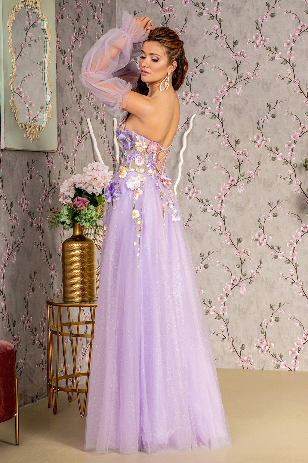 3D Flower Glitter Mesh A-line Long Sleeves Long Prom Dress GLGL3233