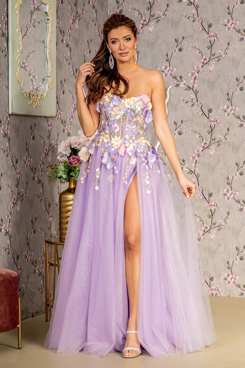 3D Flower Glitter Mesh A-line Long Sleeves Long Prom Dress GLGL3233