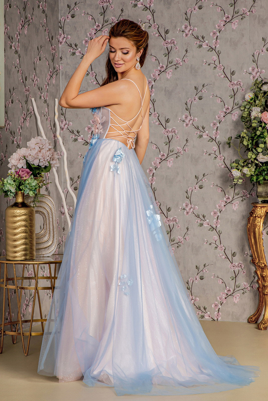3D Flower Sheer Bodice Cut-out Back Mesh A-line Long Prom Dress GLGL3250