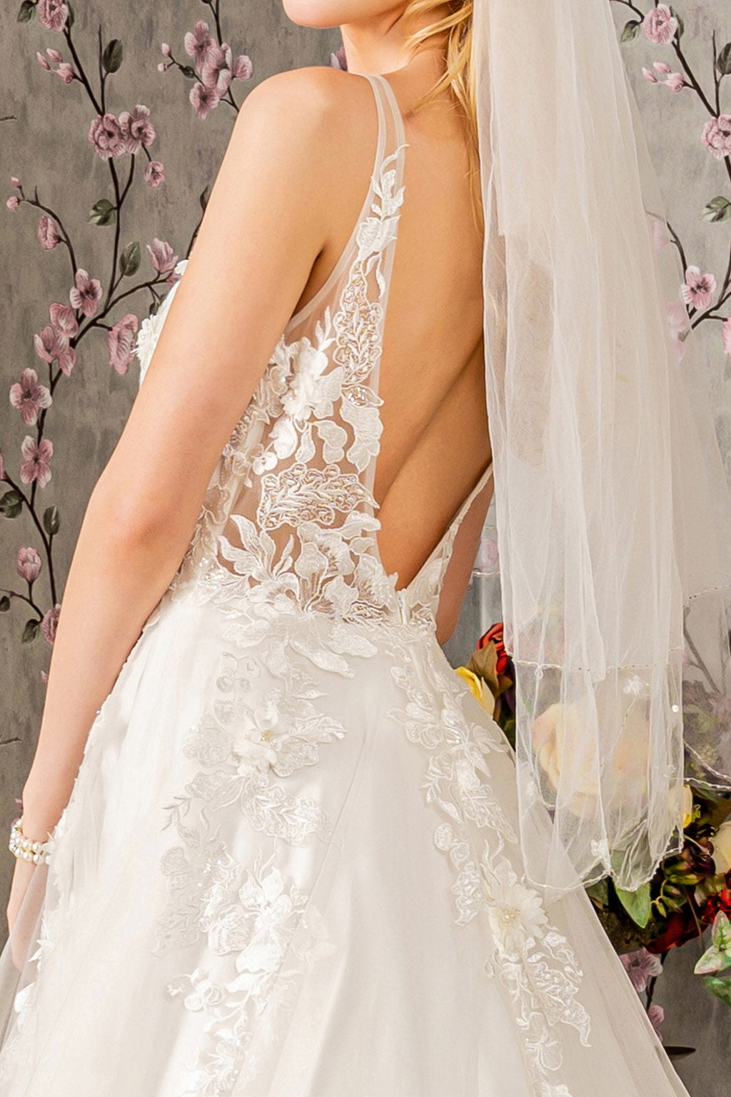 Floral Embroidery Jewel Illusion Sweetheart Mesh A-line Long Dress GLGL3269