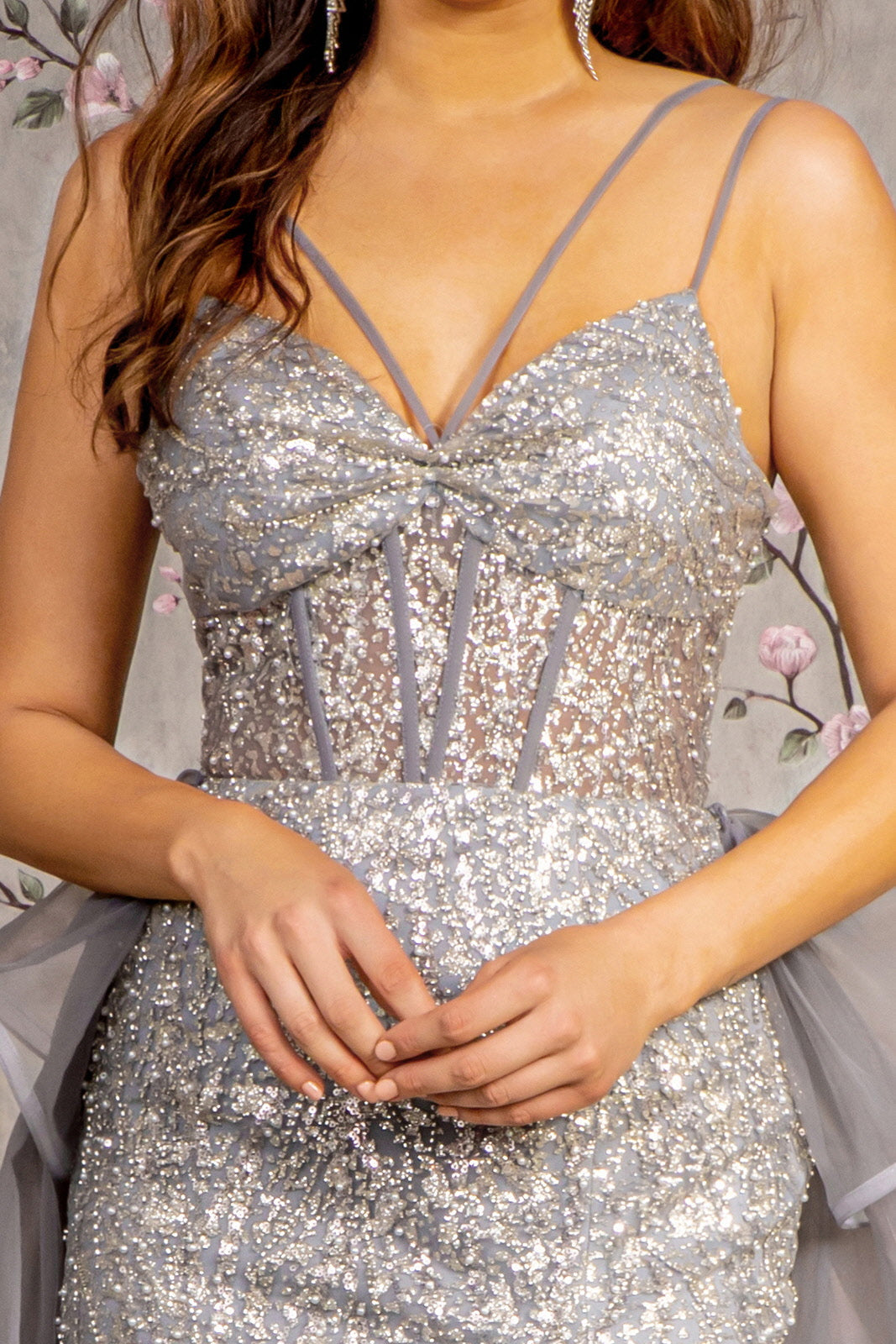 Jewel Sheer Bodice Mesh Mermaid Detachable Waist Drape Long Prom Dress GLGL3273