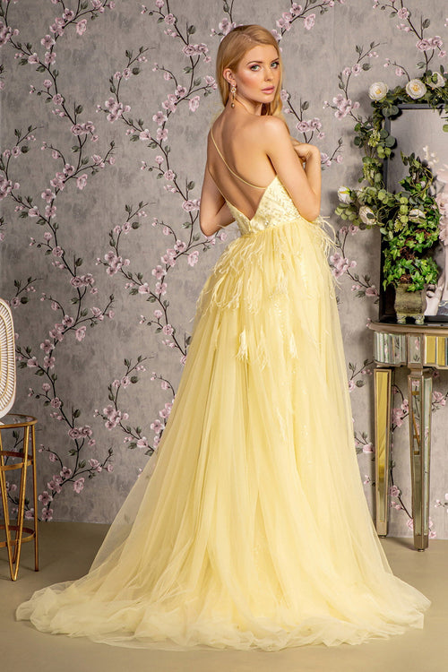 Asymmetric Feather Mesh Mermaid w/ Detachable Waist Drape Long Prom Dress GLGL3278