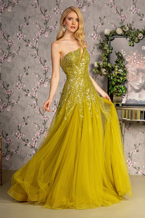 Asymmetric Sequin Sheer Cut-out Front Mesh A-line Long Prom Dress GLGL3281