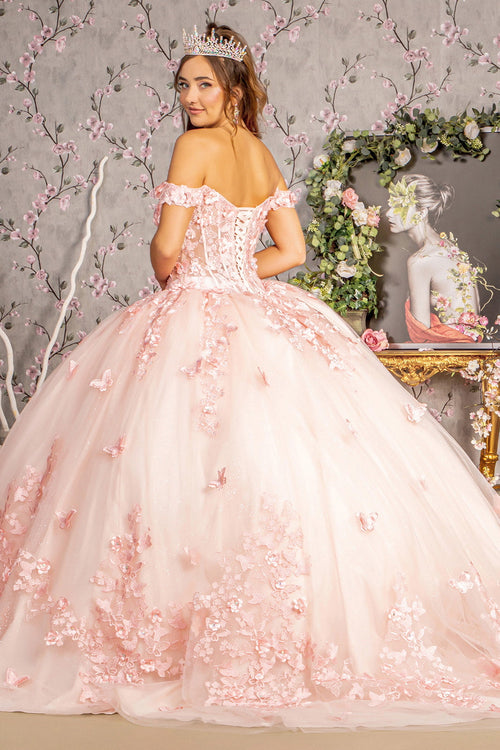 3D Flower Glitter Bead Sheer Corset Bodice Mesh Long Ball Dress GLGL3301