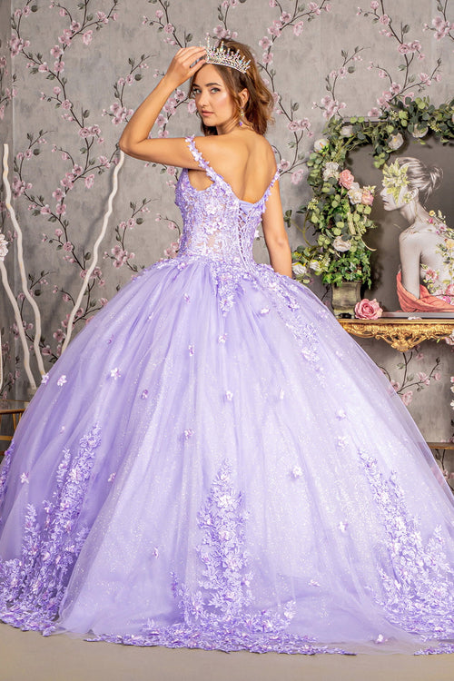 3D Flower Jewel Glitter Sheer Bodice Mesh Long Ball Dress GLGL3302