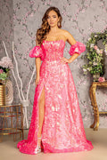 Sequin Sheer Bodice Mesh A-line w/ Puff Sleeves Long Prom Dress GLGL3311