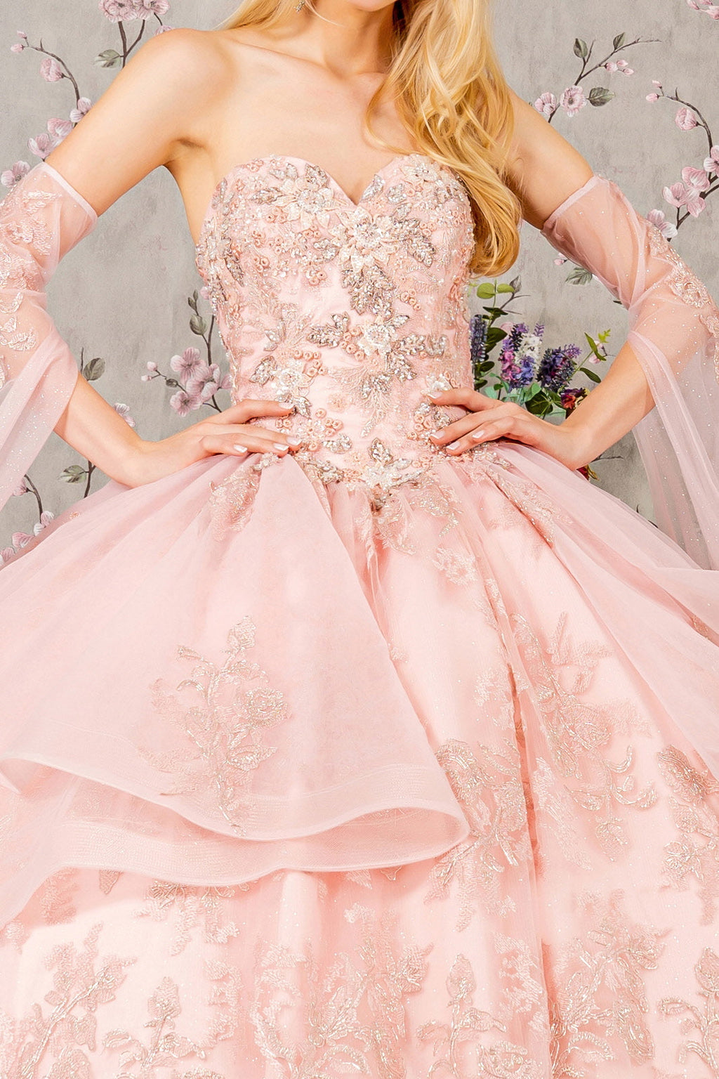 Metallic Sequin Glitter Mesh w/ Long Sheer Side Sleeves Long Ball Dress GLGL3317