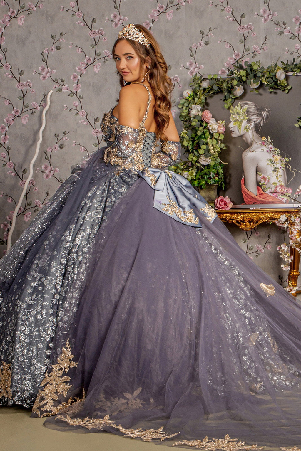 Metallic 3D Butterfly Big Ribbon Mesh w/ Waist Drape Long Ball Dress GLGL3318