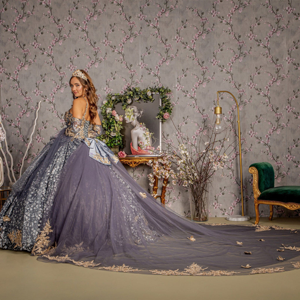 Metallic 3D Butterfly Big Ribbon Mesh w/ Waist Drape Long Ball Dress GLGL3318