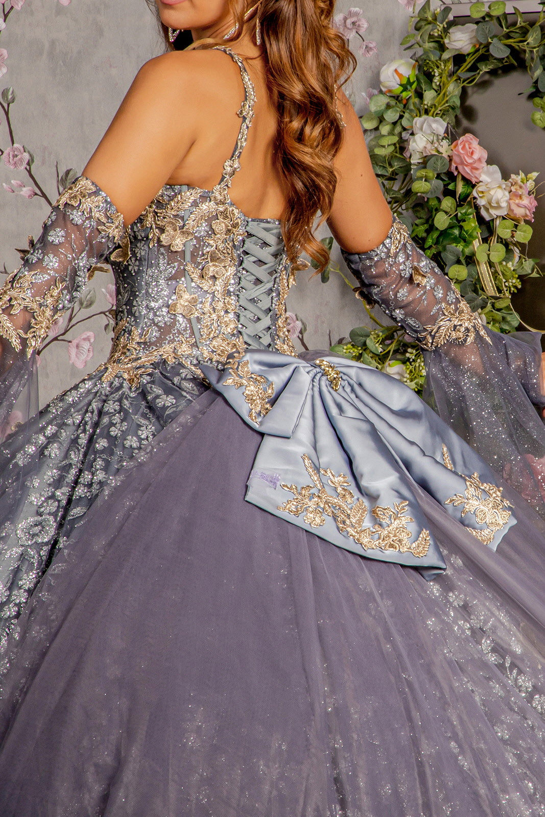 Metallic 3D Butterfly Big Ribbon Mesh w/ Waist Drape Long Ball Dress GLGL3318