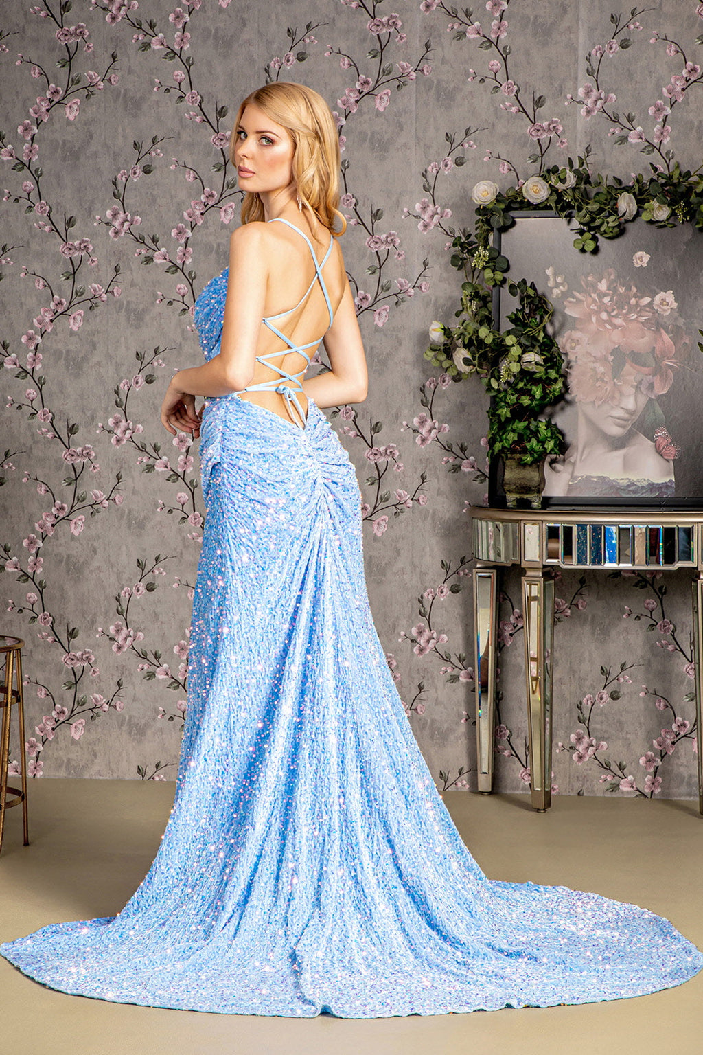 Sequin Ruched Side Cut-out Back Velvet Mermaid Long Evening Dress GLGL3322