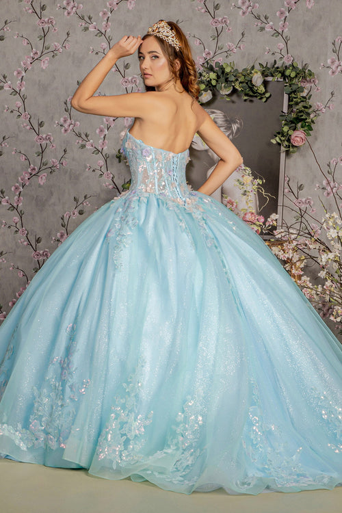 3D Flower Embroidery Sheer Corset Bodice Mesh Long Ball Dress GLGL3332