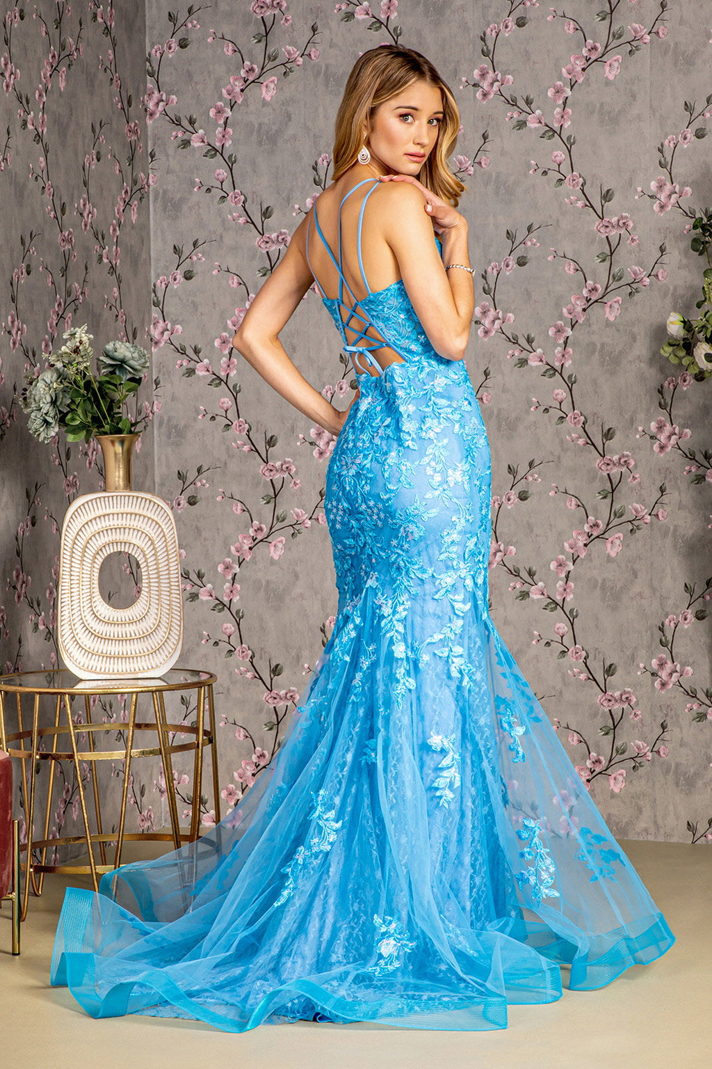 Floral Embroidery Sequin Sheer Bodice Mesh Mermaid Long Prom Dress GLGL3333