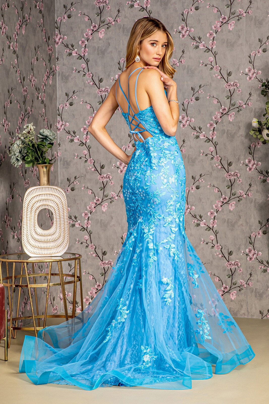Floral Embroidery Sequin Sheer Bodice Mesh Mermaid Long Prom Dress GLGL3333