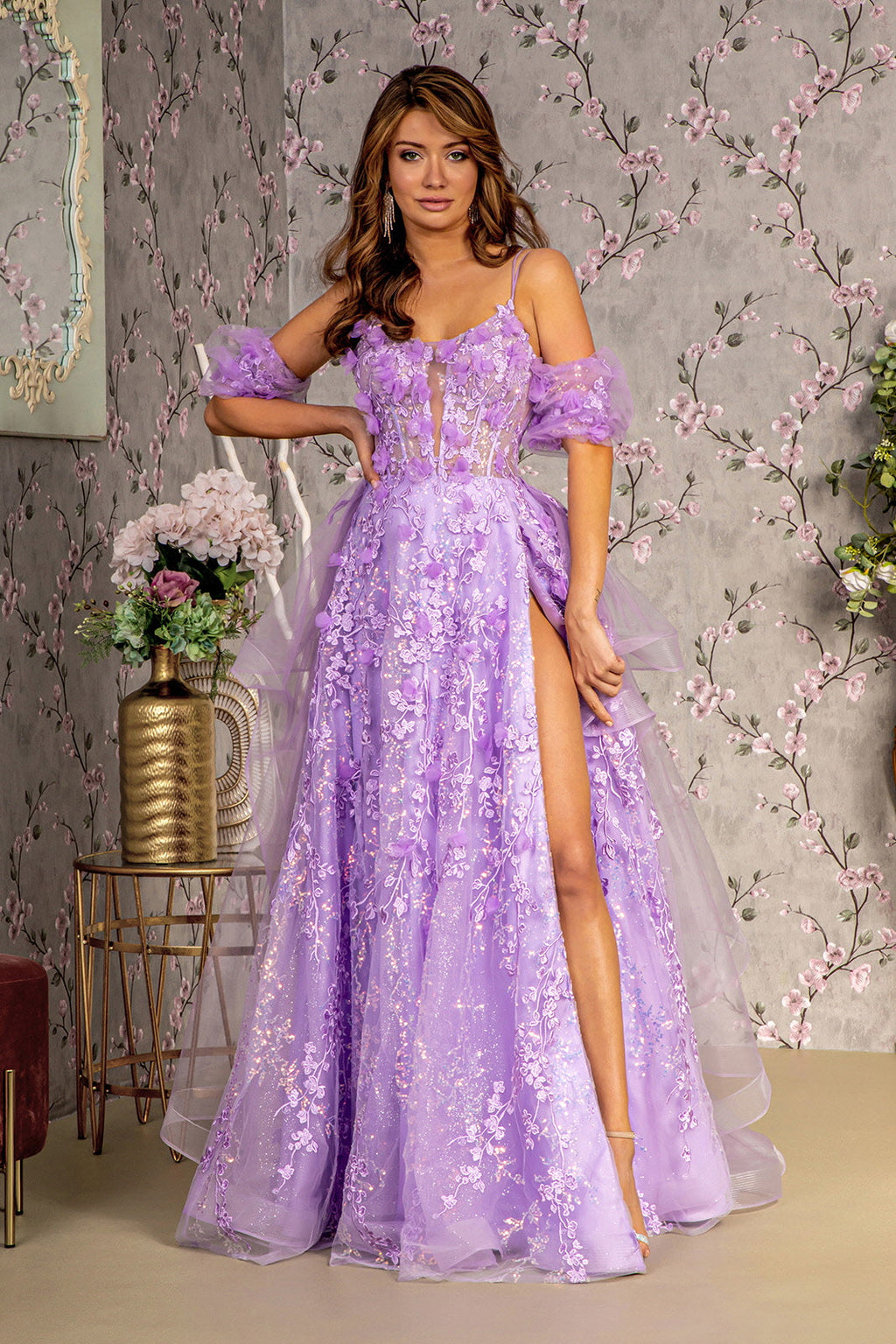 3D Flower Puff Sleeves Mesh A-line w/ Detachable Waist Drape Long Prom Dress GLGL3358