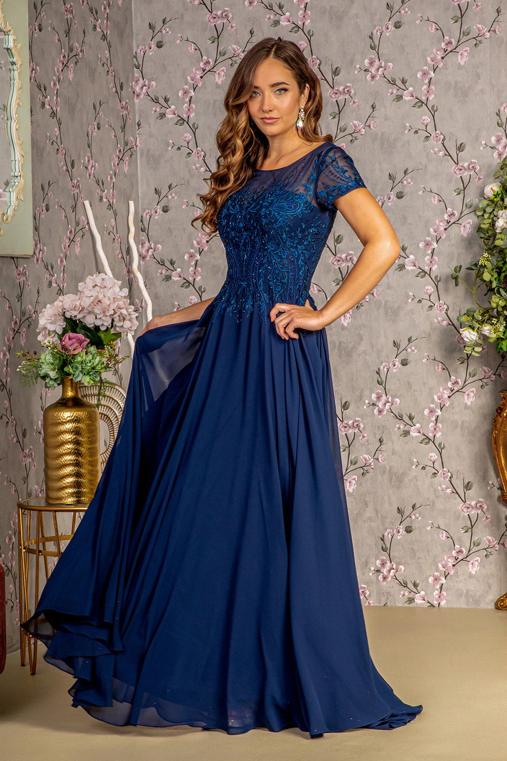 Bead Embroidery Sheer Neckline Chiffon A-line Long Mother Of The Bride Dress GLGL3362